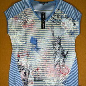 Simply Elegant Women Blue & Light Grey lines M Top V Neck Short Sleeve Blouse